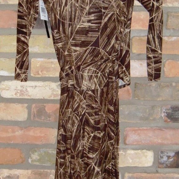 David Meister faux wrap rayon jersey brown leaf print dress 8 small NWT